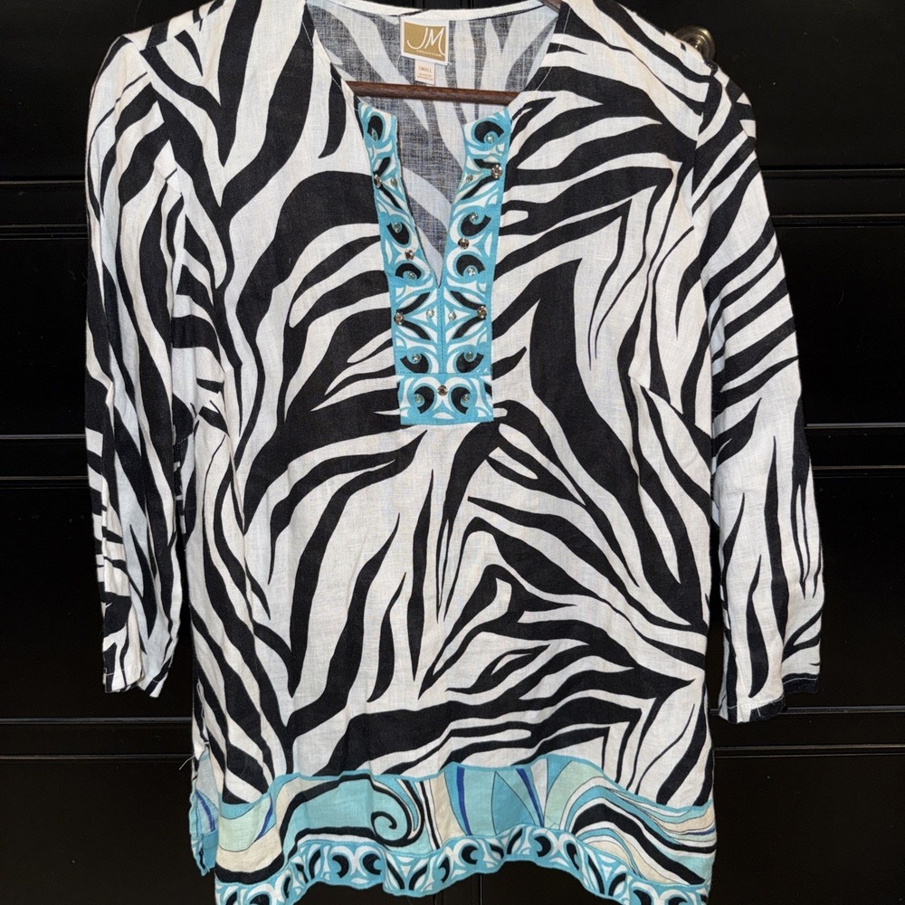 JM Collection Womens Top Size S White & Black Zebra Print 3/4 Sleeve 100% Linen‎